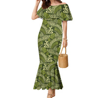 Olive Green Monstera Family Matching Mermaid Dress and Hawaiian Shirt Polynesian Tribal Pattern - Polynesian Pride