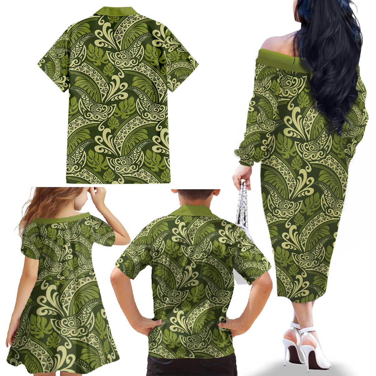 Olive Green Monstera Family Matching Off The Shoulder Long Sleeve Dress and Hawaiian Shirt Polynesian Tribal Pattern - Polynesian Pride