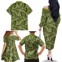Olive Green Monstera Family Matching Off The Shoulder Long Sleeve Dress and Hawaiian Shirt Polynesian Tribal Pattern - Polynesian Pride