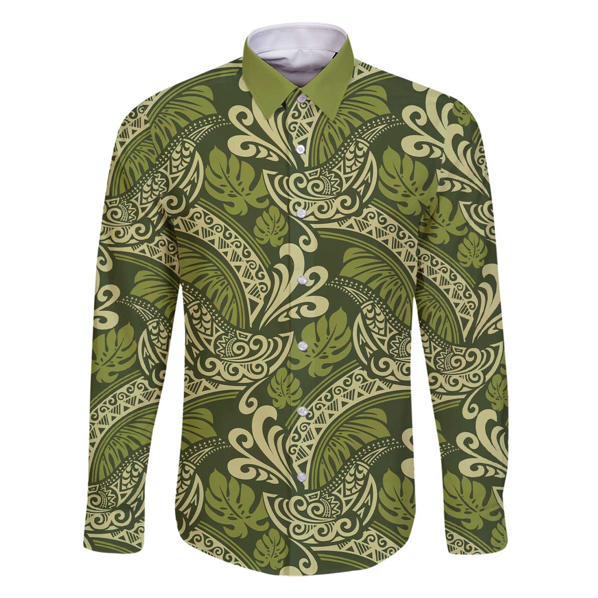 Olive Green Monstera Family Matching Off The Shoulder Long Sleeve Dress and Hawaiian Shirt Polynesian Tribal Pattern - Polynesian Pride