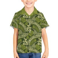 Olive Green Monstera Family Matching Off The Shoulder Long Sleeve Dress and Hawaiian Shirt Polynesian Tribal Pattern - Polynesian Pride