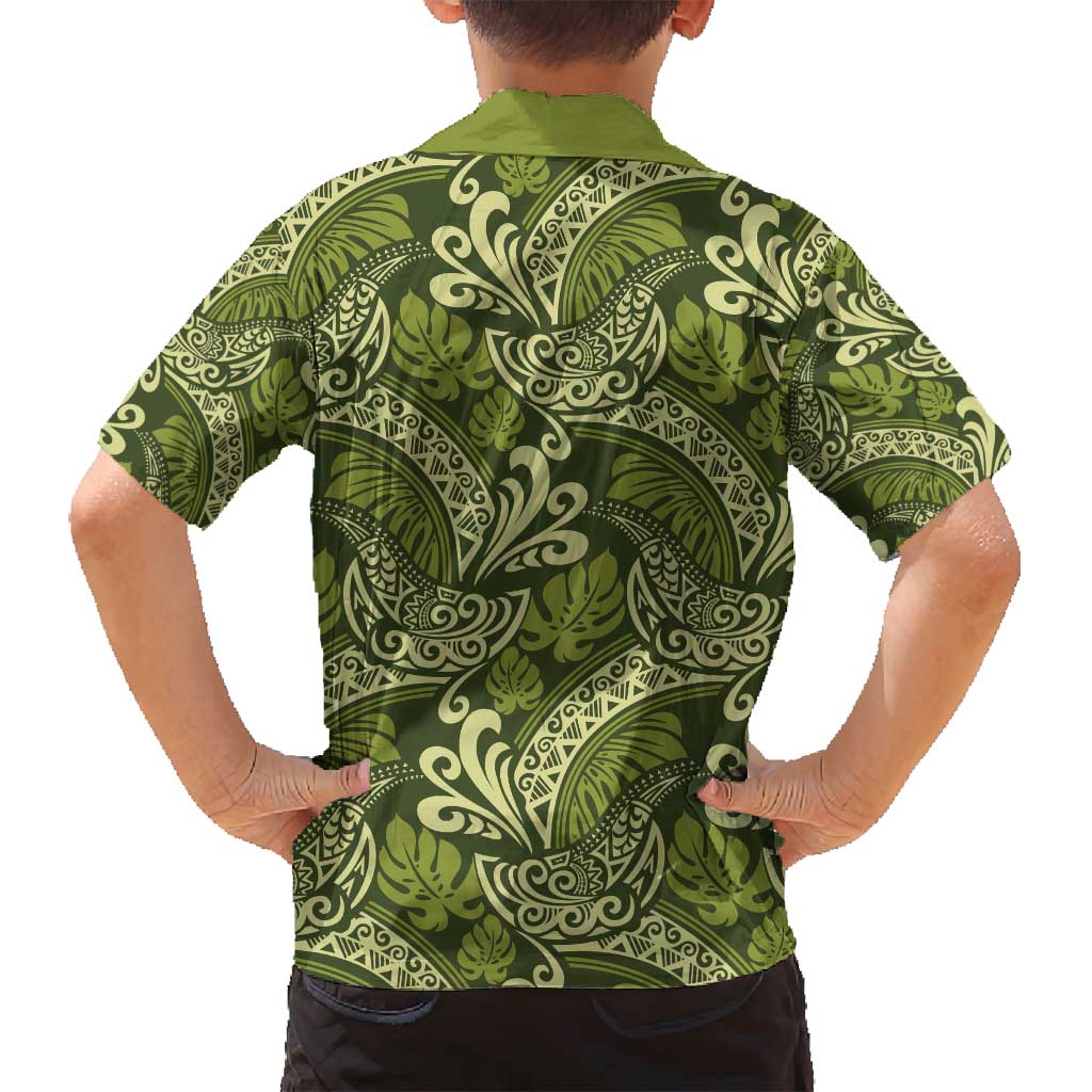 Olive Green Monstera Family Matching Off Shoulder Maxi Dress and Hawaiian Shirt Polynesian Tribal Pattern - Polynesian Pride