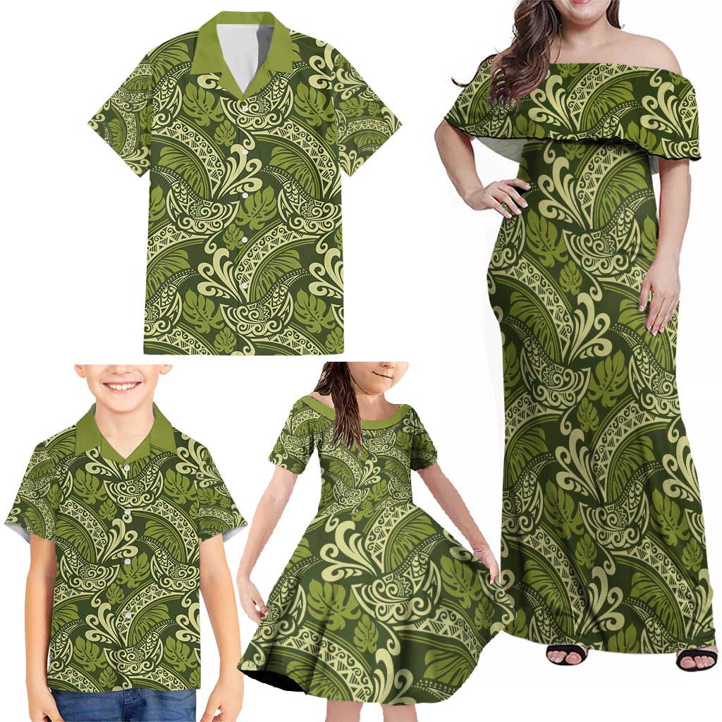 Olive Green Monstera Family Matching Off Shoulder Maxi Dress and Hawaiian Shirt Polynesian Tribal Pattern - Polynesian Pride