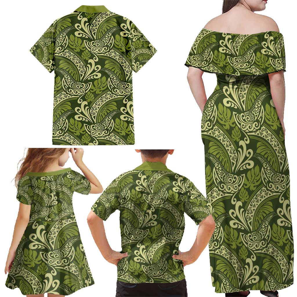 Olive Green Monstera Family Matching Off Shoulder Maxi Dress and Hawaiian Shirt Polynesian Tribal Pattern - Polynesian Pride