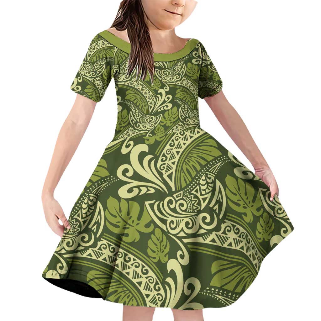 Olive Green Monstera Family Matching Off Shoulder Short Dress and Hawaiian Shirt Polynesian Tribal Pattern - Polynesian Pride