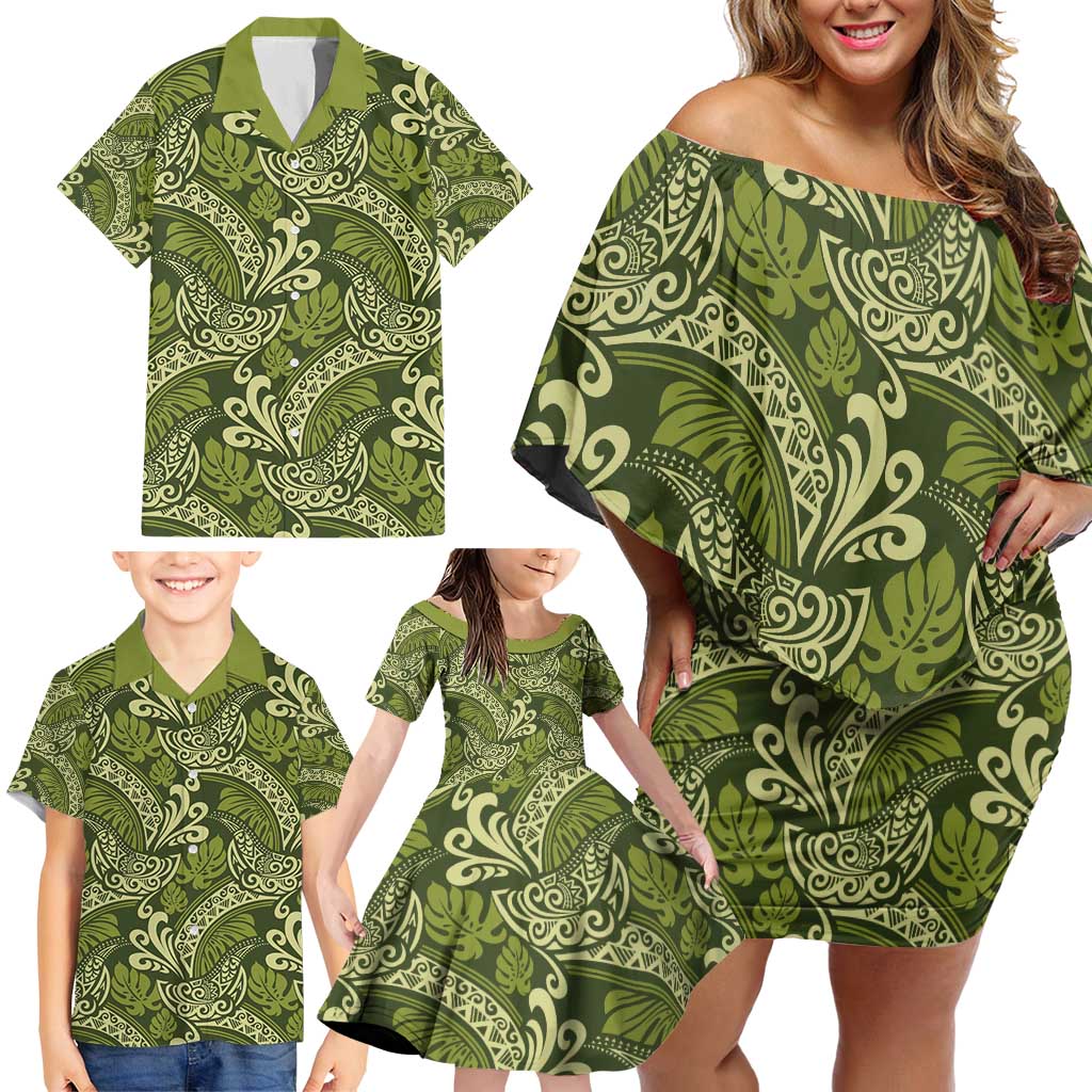 Olive Green Monstera Family Matching Off Shoulder Short Dress and Hawaiian Shirt Polynesian Tribal Pattern - Polynesian Pride