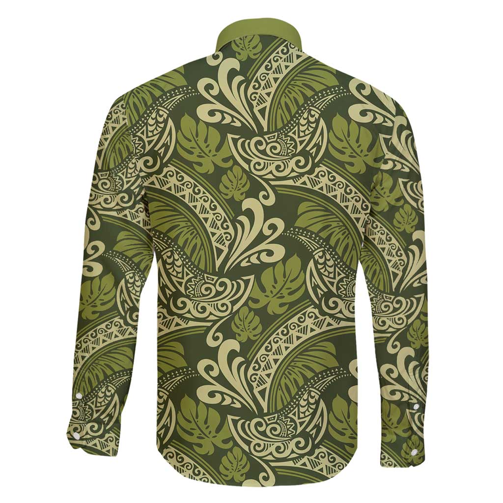 Olive Green Monstera Family Matching Off Shoulder Short Dress and Hawaiian Shirt Polynesian Tribal Pattern - Polynesian Pride