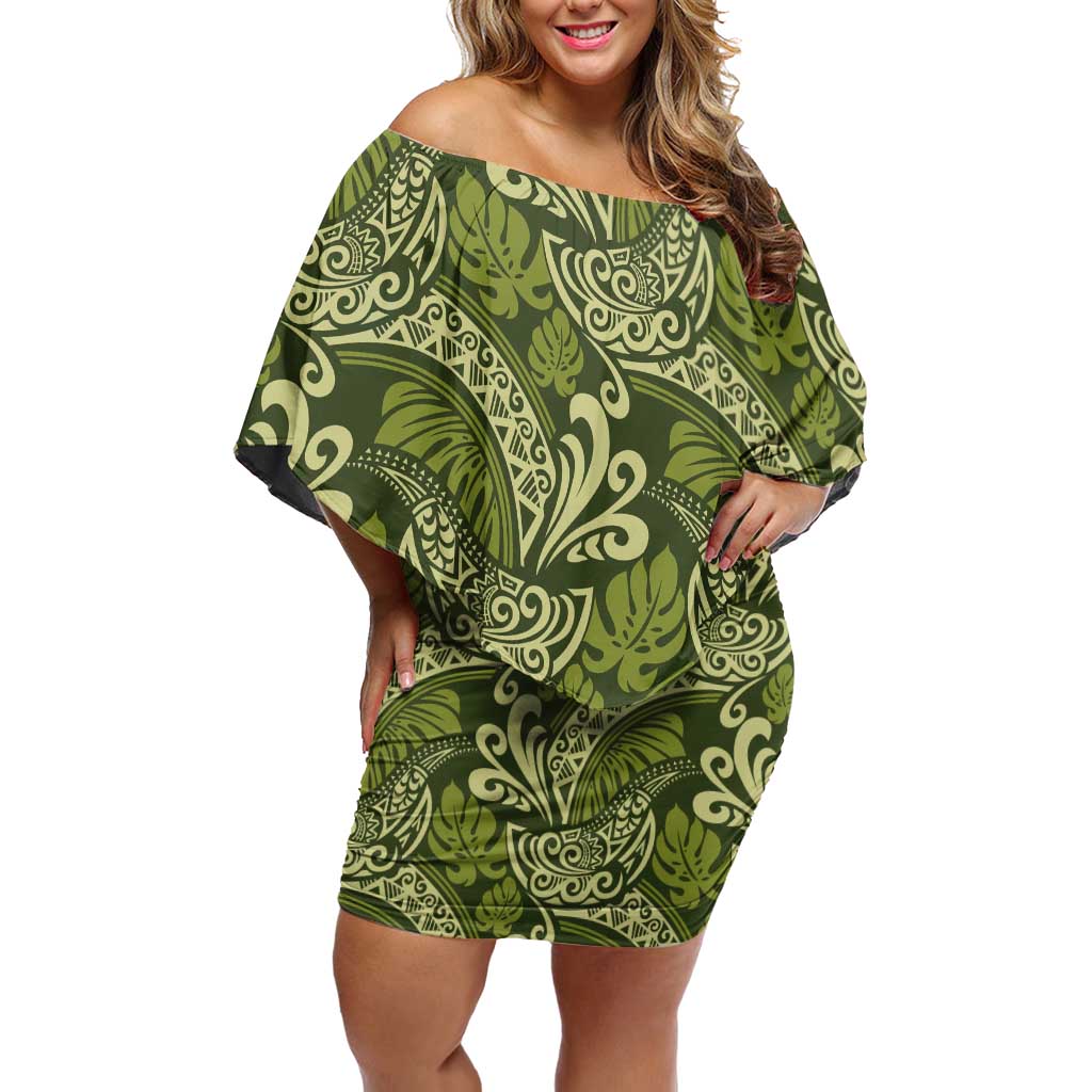 Olive Green Monstera Family Matching Off Shoulder Short Dress and Hawaiian Shirt Polynesian Tribal Pattern - Polynesian Pride