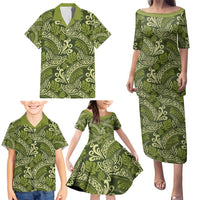 Olive Green Monstera Family Matching Puletasi and Hawaiian Shirt Polynesian Tribal Pattern - Polynesian Pride