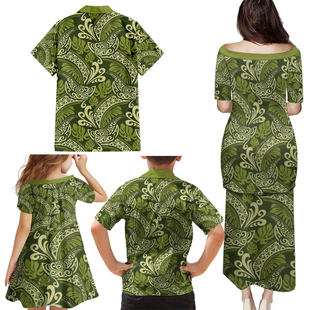 Olive Green Monstera Family Matching Puletasi and Hawaiian Shirt Polynesian Tribal Pattern - Polynesian Pride