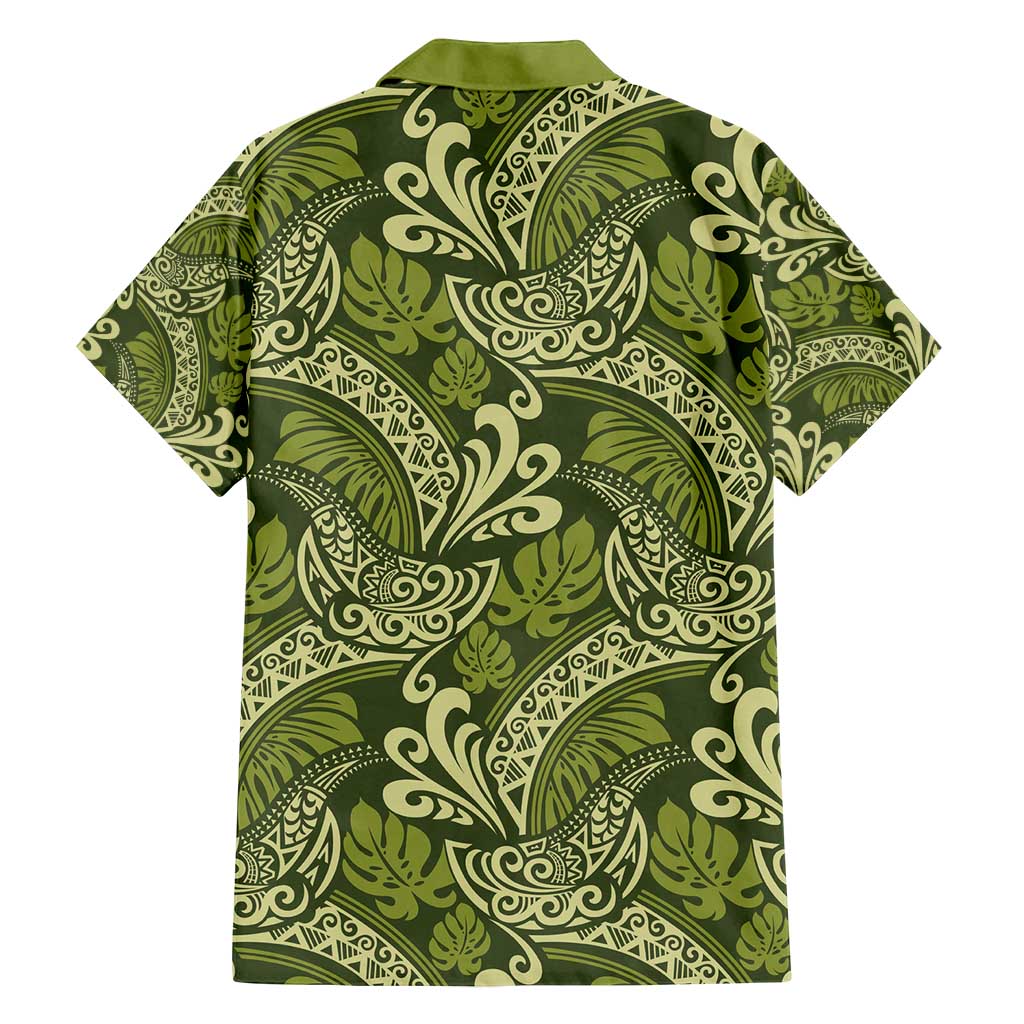 Olive Green Monstera Family Matching Puletasi and Hawaiian Shirt Polynesian Tribal Pattern - Polynesian Pride