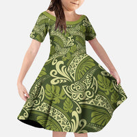 Olive Green Monstera Family Matching Short Sleeve Bodycon Dress and Hawaiian Shirt Polynesian Tribal Pattern - Polynesian Pride