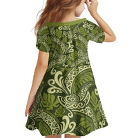 Olive Green Monstera Family Matching Short Sleeve Bodycon Dress and Hawaiian Shirt Polynesian Tribal Pattern - Polynesian Pride
