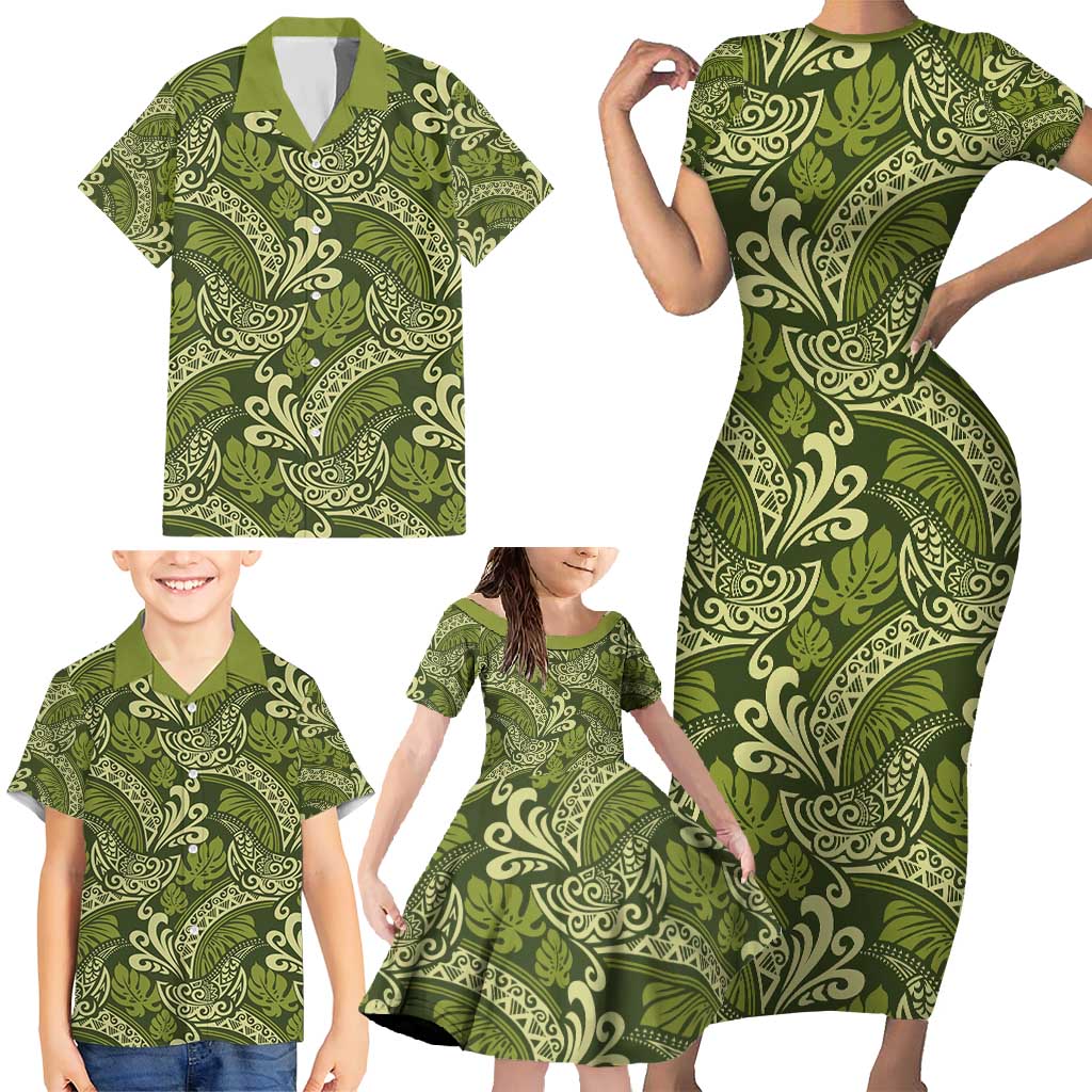 Olive Green Monstera Family Matching Short Sleeve Bodycon Dress and Hawaiian Shirt Polynesian Tribal Pattern - Polynesian Pride