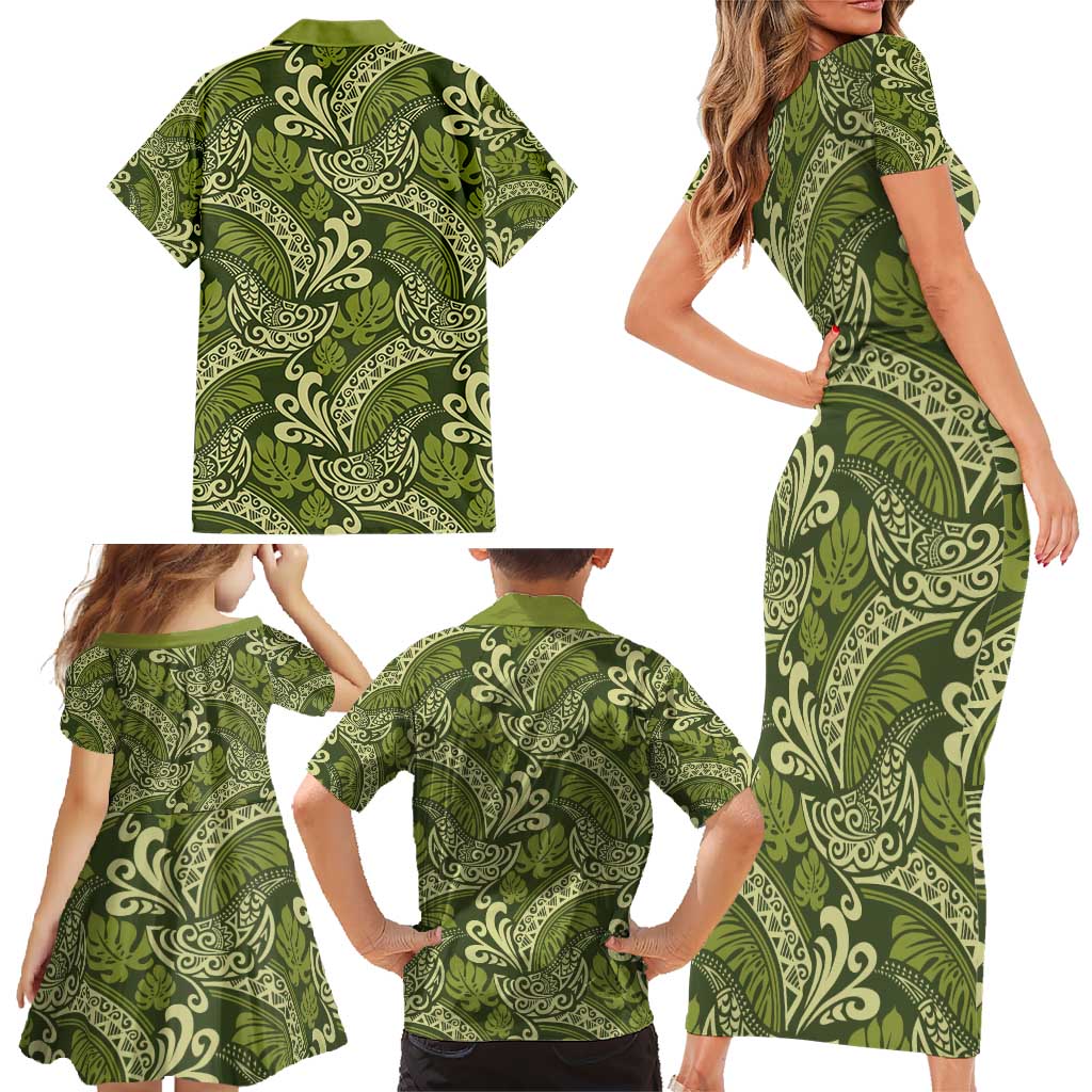 Olive Green Monstera Family Matching Short Sleeve Bodycon Dress and Hawaiian Shirt Polynesian Tribal Pattern - Polynesian Pride