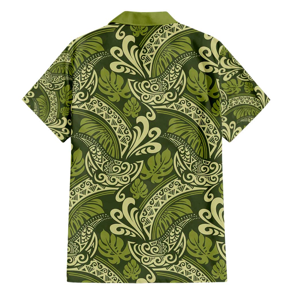 Olive Green Monstera Family Matching Short Sleeve Bodycon Dress and Hawaiian Shirt Polynesian Tribal Pattern - Polynesian Pride