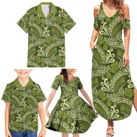 Olive Green Monstera Family Matching Summer Maxi Dress and Hawaiian Shirt Polynesian Tribal Pattern - Polynesian Pride