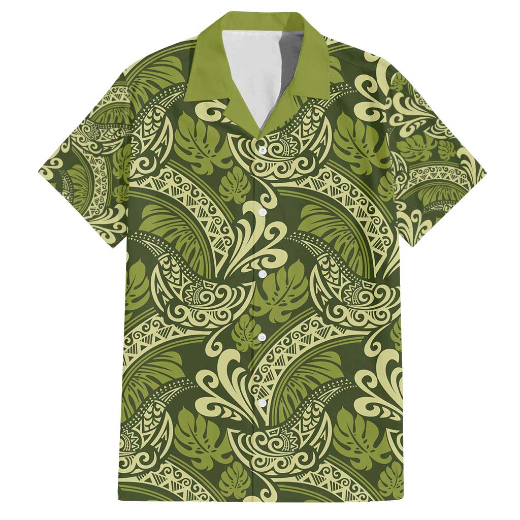 Olive Green Monstera Family Matching Summer Maxi Dress and Hawaiian Shirt Polynesian Tribal Pattern - Polynesian Pride