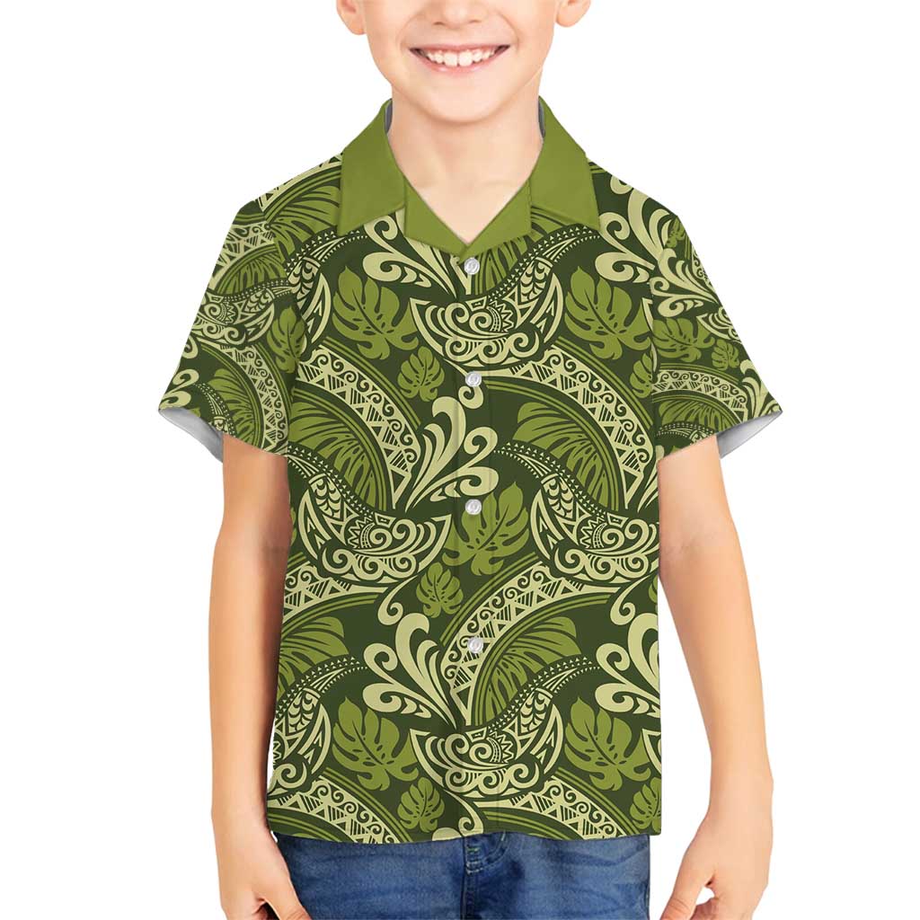 Olive Green Monstera Family Matching Summer Maxi Dress and Hawaiian Shirt Polynesian Tribal Pattern - Polynesian Pride