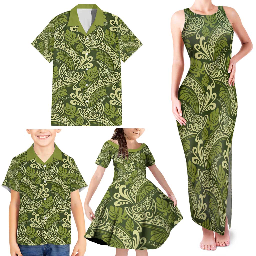 Olive Green Monstera Family Matching Tank Maxi Dress and Hawaiian Shirt Polynesian Tribal Pattern - Polynesian Pride