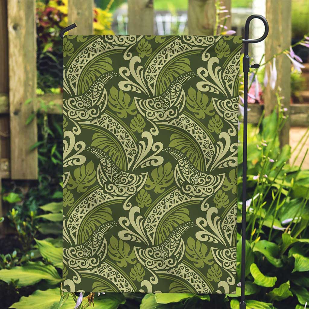 Olive Green Monstera Garden Flag Polynesian Tribal Pattern - Polynesian Pride
