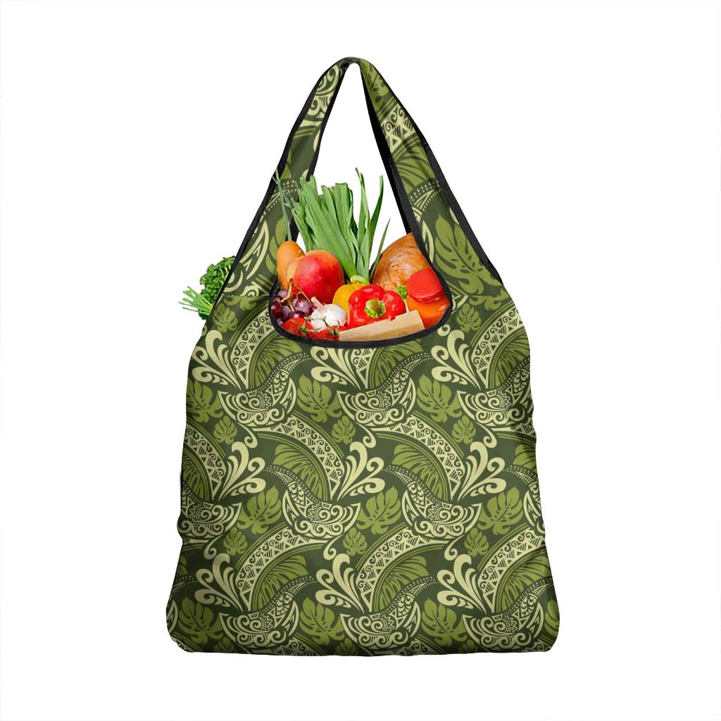Olive Green Monstera Grocery Bag Polynesian Tribal Pattern - Polynesian Pride