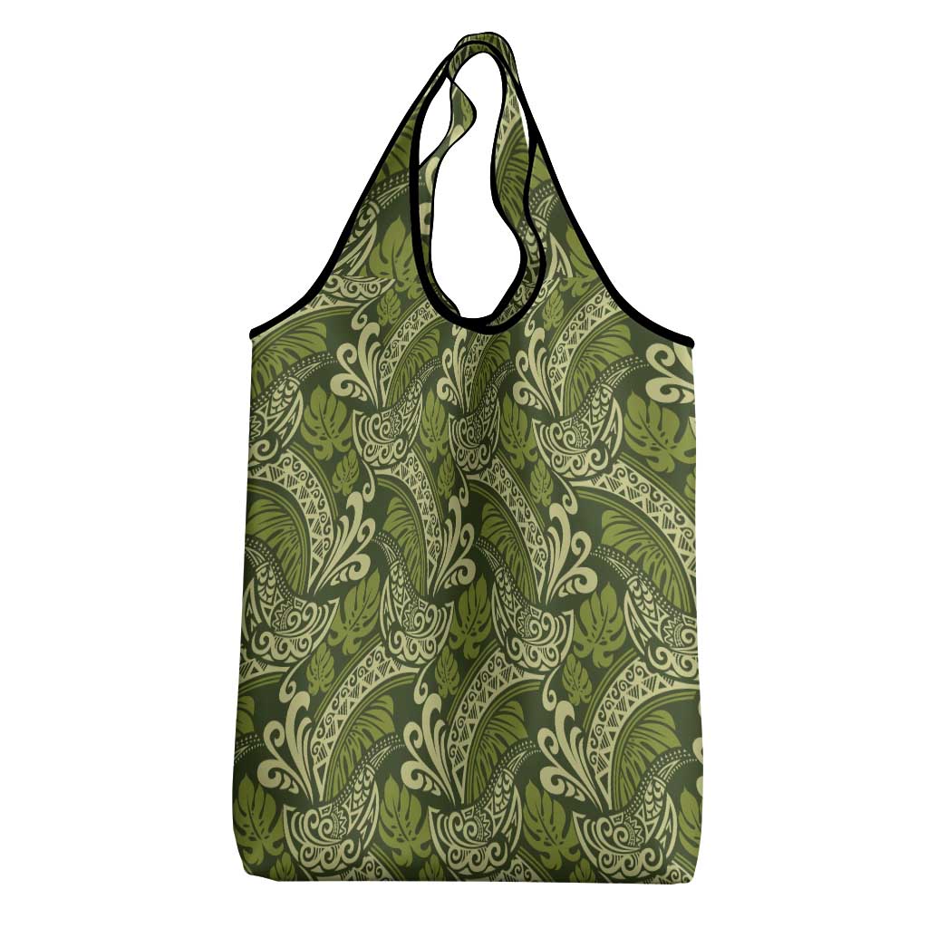 Olive Green Monstera Grocery Bag Polynesian Tribal Pattern - Polynesian Pride