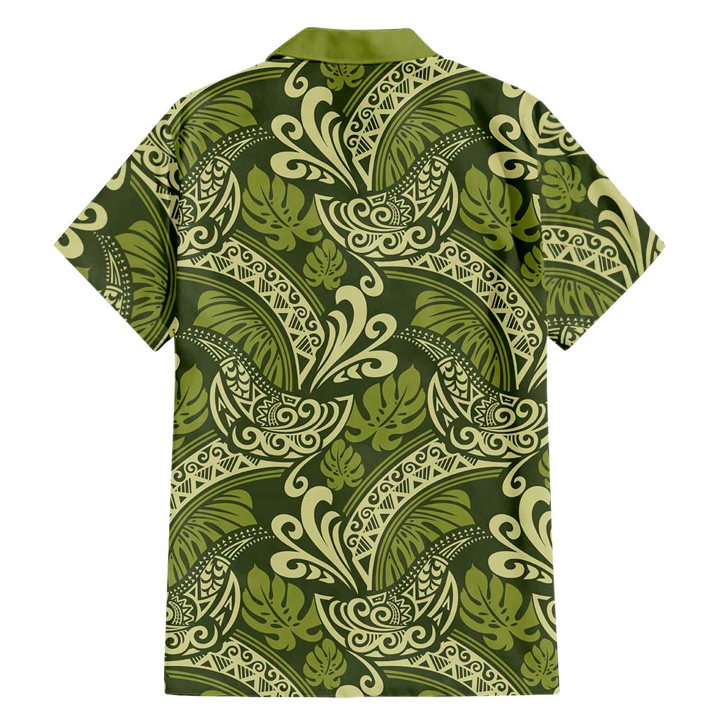 Olive Green Monstera Hawaiian Shirt Polynesian Tribal Pattern - Polynesian Pride