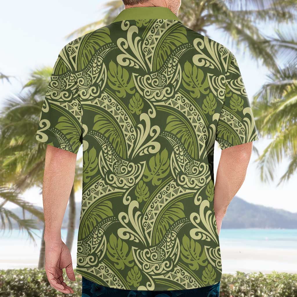 Olive Green Monstera Hawaiian Shirt Polynesian Tribal Pattern - Polynesian Pride