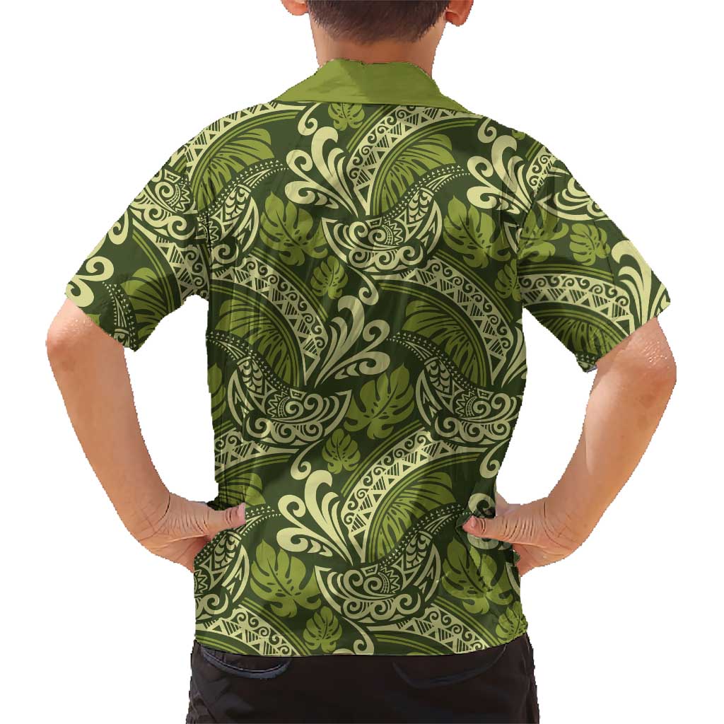 Olive Green Monstera Hawaiian Shirt Polynesian Tribal Pattern - Polynesian Pride