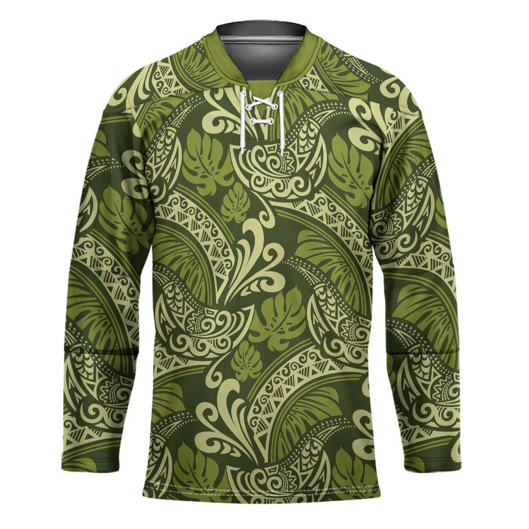 Olive Green Monstera Hockey Jersey Polynesian Tribal Pattern - Polynesian Pride