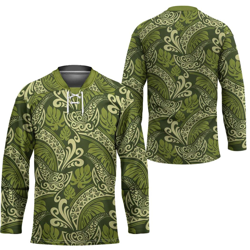 Olive Green Monstera Hockey Jersey Polynesian Tribal Pattern - Polynesian Pride