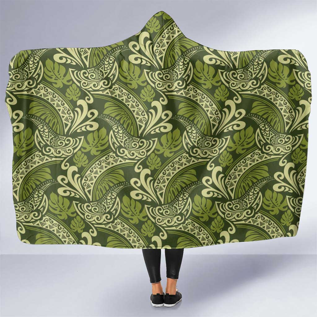 Olive Green Monstera Hooded Blanket Polynesian Tribal Pattern - Polynesian Pride
