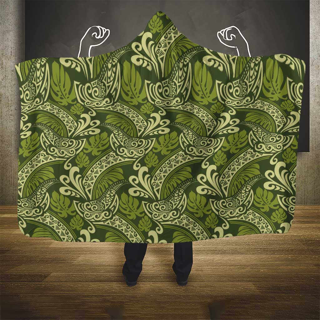 Olive Green Monstera Hooded Blanket Polynesian Tribal Pattern - Polynesian Pride