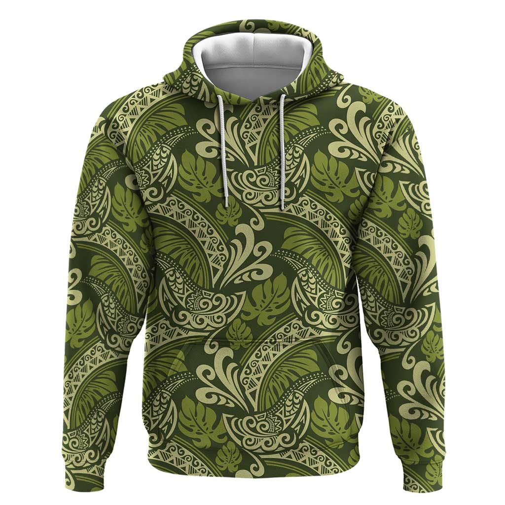 Olive Green Monstera Hoodie Polynesian Tribal Pattern - Polynesian Pride