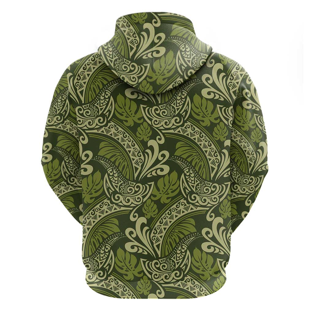 Olive Green Monstera Hoodie Polynesian Tribal Pattern - Polynesian Pride