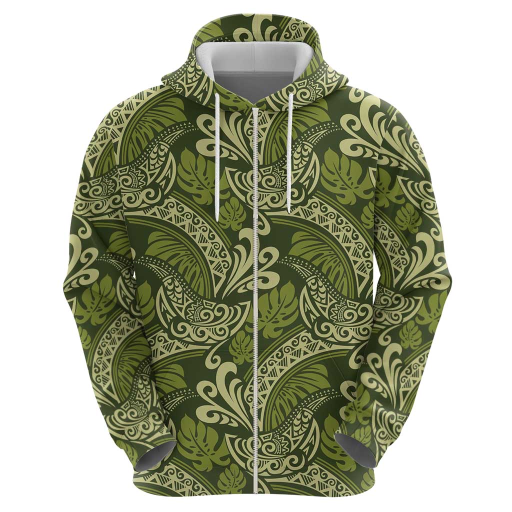 Olive Green Monstera Hoodie Polynesian Tribal Pattern - Polynesian Pride