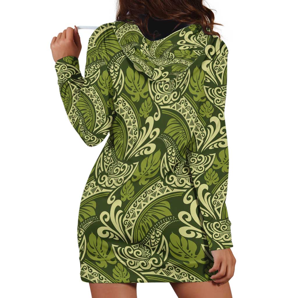 Olive Green Monstera Hoodie Dress Polynesian Tribal Pattern - Polynesian Pride