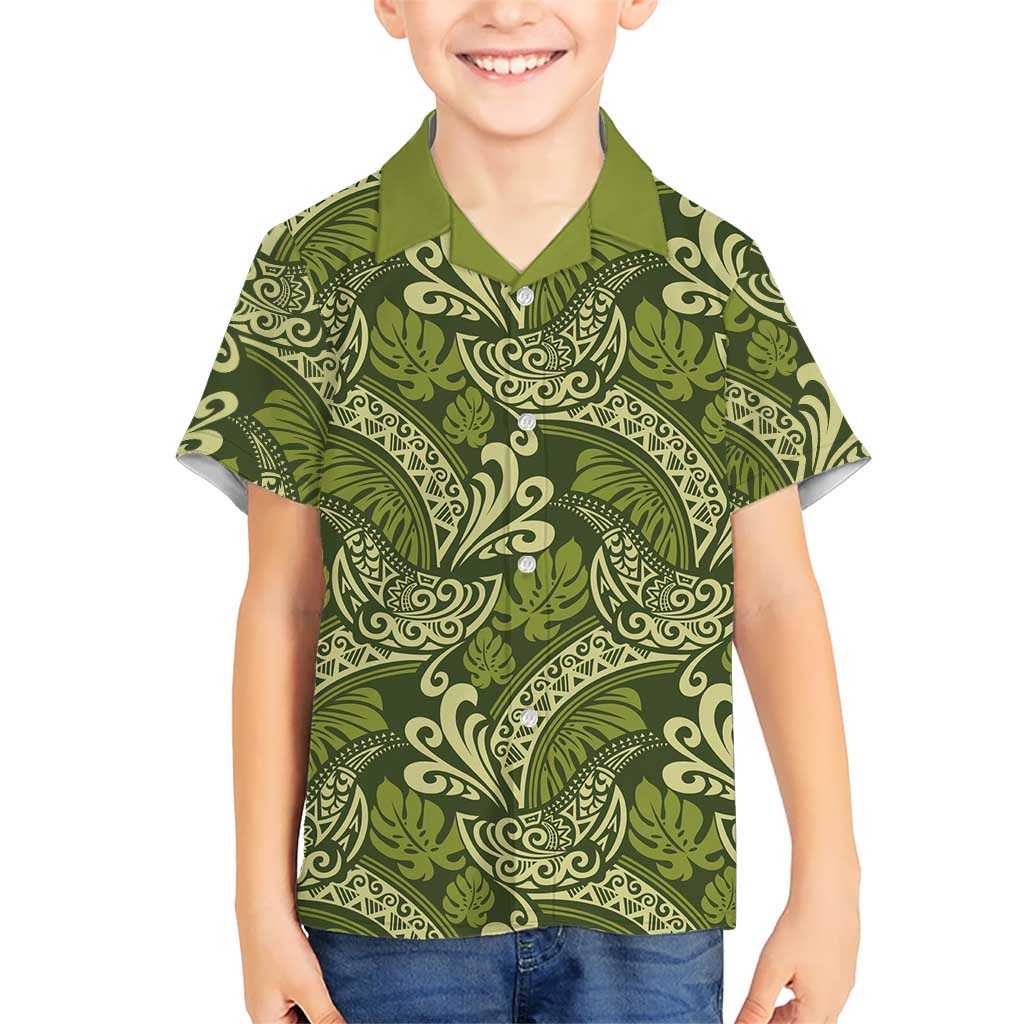 Olive Green Monstera Kid Hawaiian Shirt Polynesian Tribal Pattern - Polynesian Pride