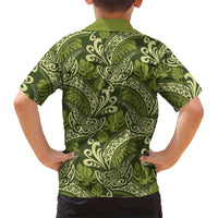 Olive Green Monstera Kid Hawaiian Shirt Polynesian Tribal Pattern - Polynesian Pride