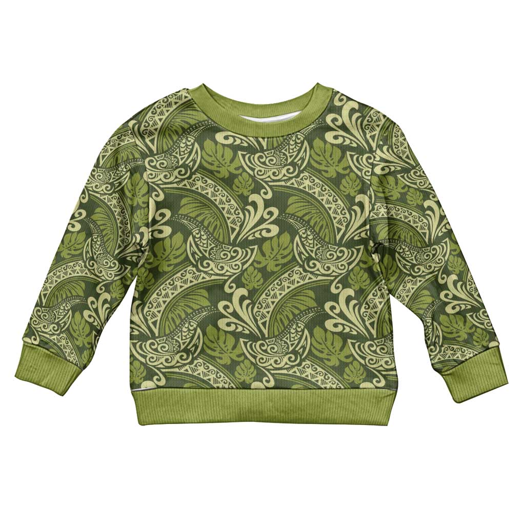 Olive Green Monstera Kid Ugly Christmas Sweater Polynesian Tribal Pattern - Polynesian Pride