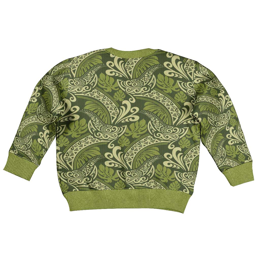 Olive Green Monstera Kid Ugly Christmas Sweater Polynesian Tribal Pattern - Polynesian Pride