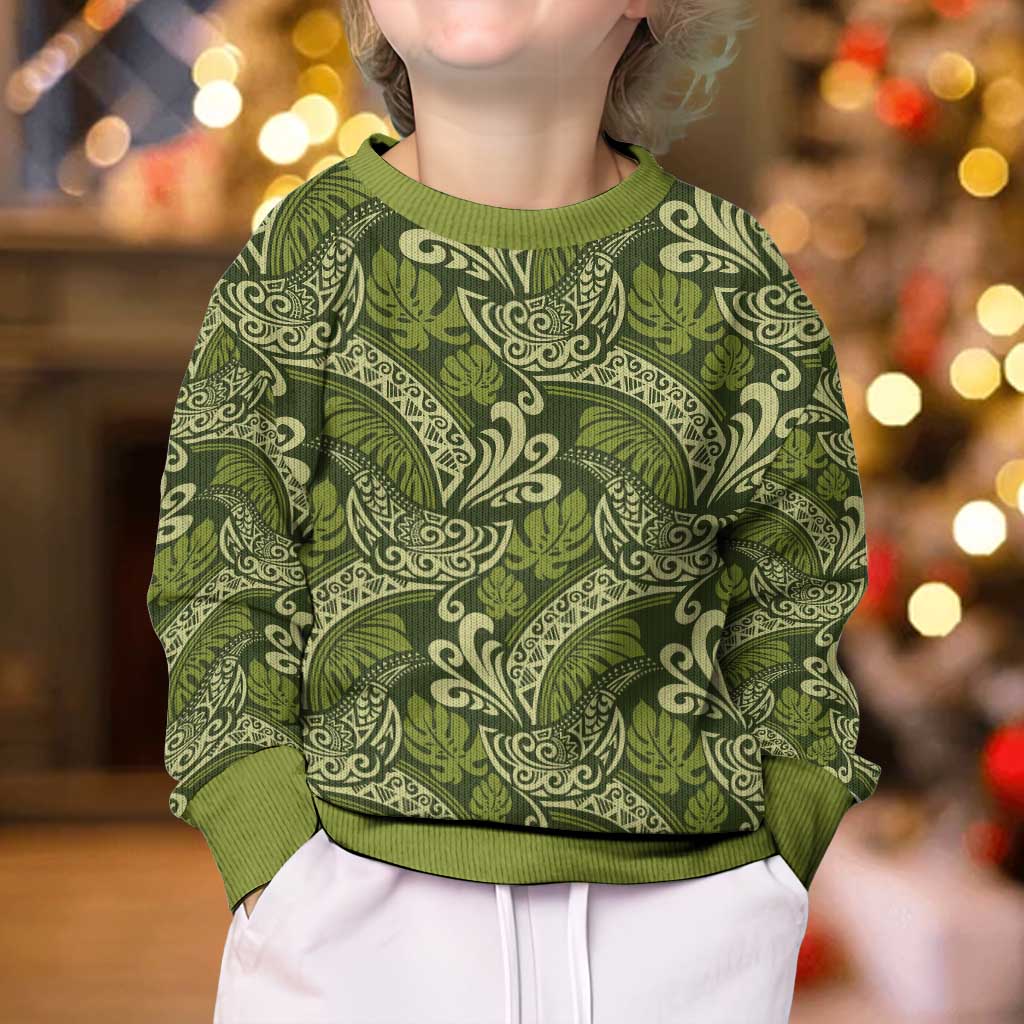 Olive Green Monstera Kid Ugly Christmas Sweater Polynesian Tribal Pattern - Polynesian Pride