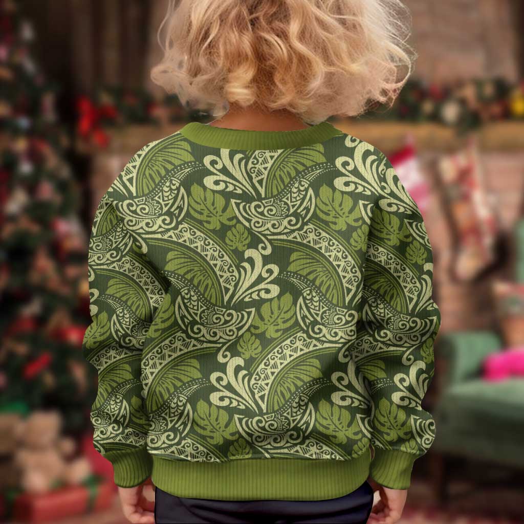 Olive Green Monstera Kid Ugly Christmas Sweater Polynesian Tribal Pattern - Polynesian Pride