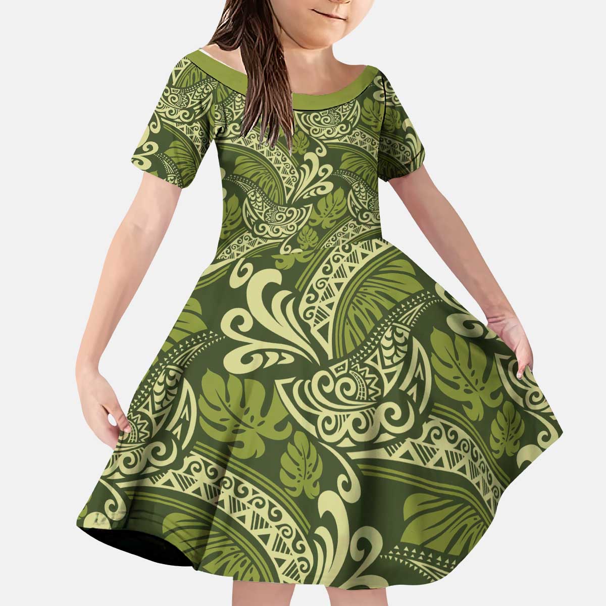 Olive Green Monstera Kid Short Sleeve Dress Polynesian Tribal Pattern - Polynesian Pride
