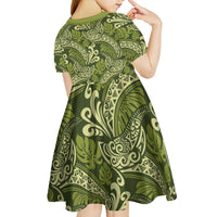 Olive Green Monstera Kid Short Sleeve Dress Polynesian Tribal Pattern - Polynesian Pride