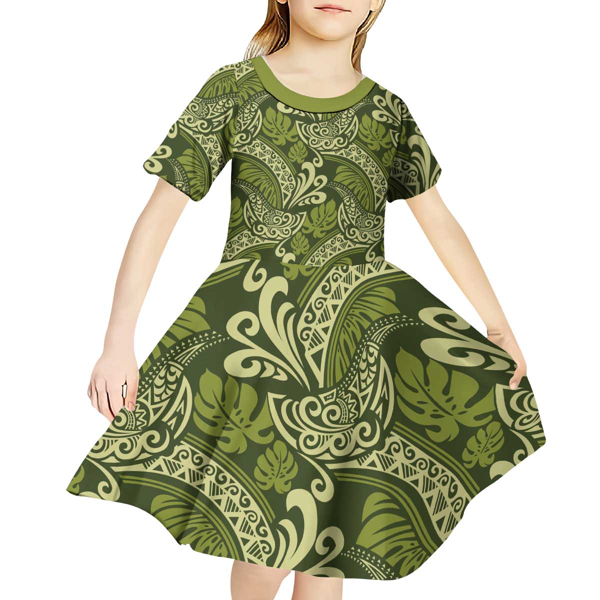 Olive Green Monstera Kid Short Sleeve Dress Polynesian Tribal Pattern - Polynesian Pride