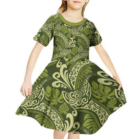Olive Green Monstera Kid Short Sleeve Dress Polynesian Tribal Pattern - Polynesian Pride