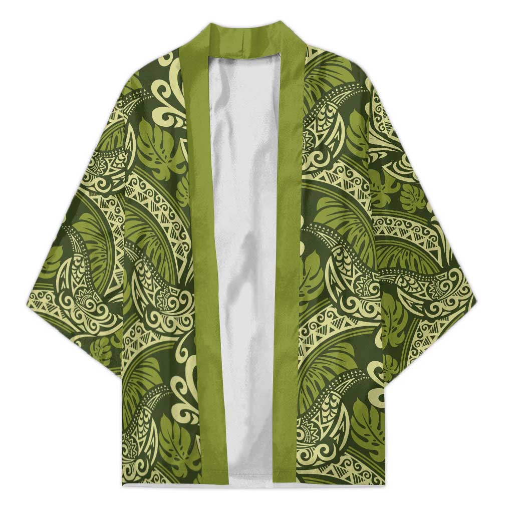 Olive Green Monstera Kimono Polynesian Tribal Pattern - Polynesian Pride