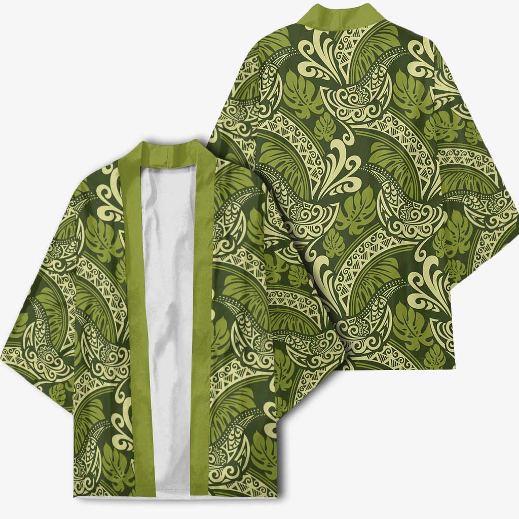 Olive Green Monstera Kimono Polynesian Tribal Pattern - Polynesian Pride